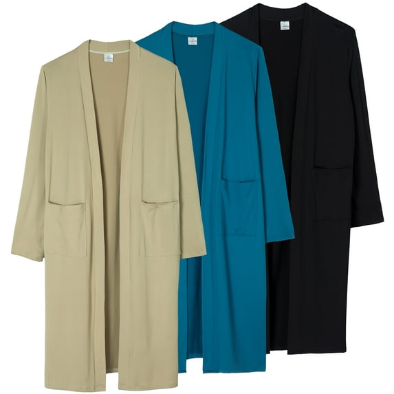 Real Essentials 3 Pack: Women's Long Sleeve Open-Front Cardigan with Pockets (Available in Plus Size)