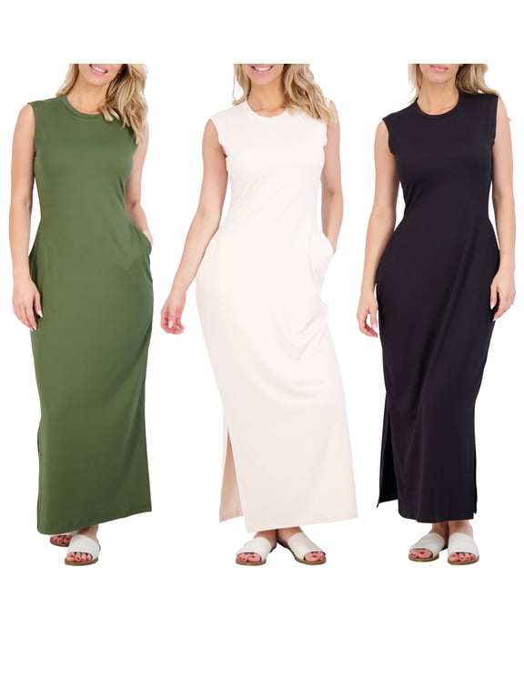 3 Pack: Women's Long Tank Maxi T-Shirt Summer Casual Dress with Pockets (Available in Plus Size)