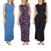Real Essentials 3 Pack: Women's Long Tank Maxi T-Shirt Summer Casual Dress with Pockets (Available in Plus Size)