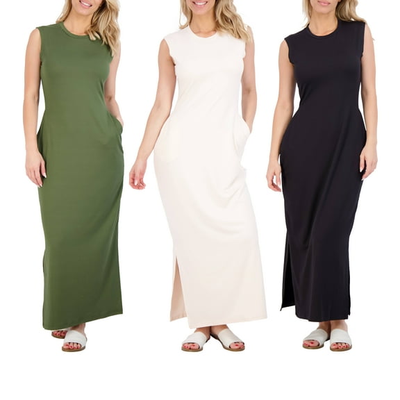 Real Essentials 3 Pack: Women's Long Tank Maxi T-Shirt Summer Casual Dress with Pockets (Available in Plus Size)