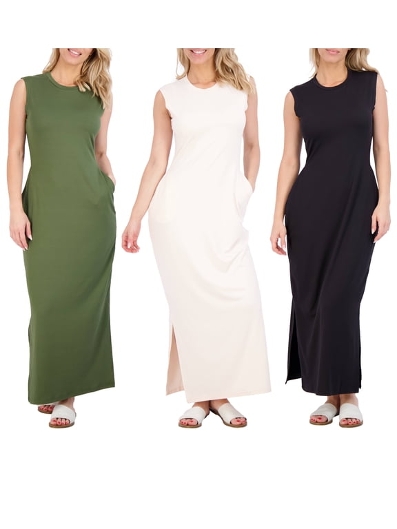 3 Pack: Women's Long Tank Maxi T-Shirt Summer Casual Dress with Pockets (Available in Plus Size)