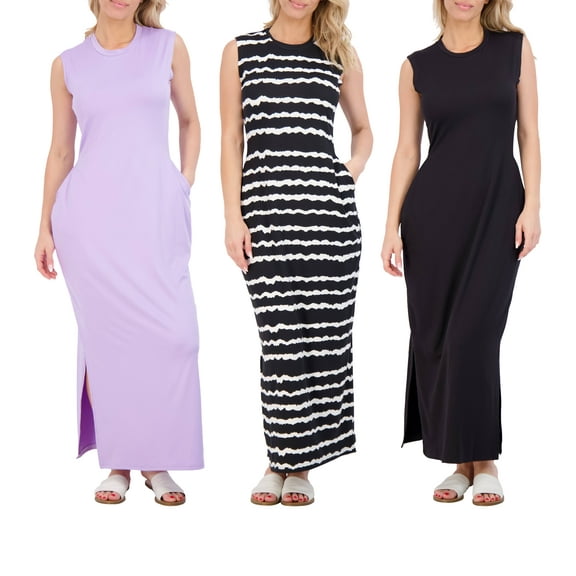 Real Essentials 3 Pack: Women's Long Tank Maxi T-Shirt Summer Casual Dress with Pockets (Available in Plus Size)
