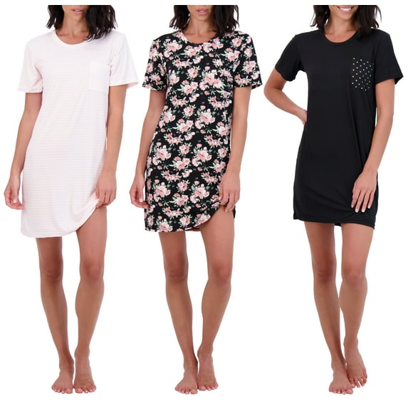 Real Essentials 3 Pack: Women's Nightshirt Short Sleeve Soft Nightgown Sleep Dress With Pocket (Available In Plus Size)