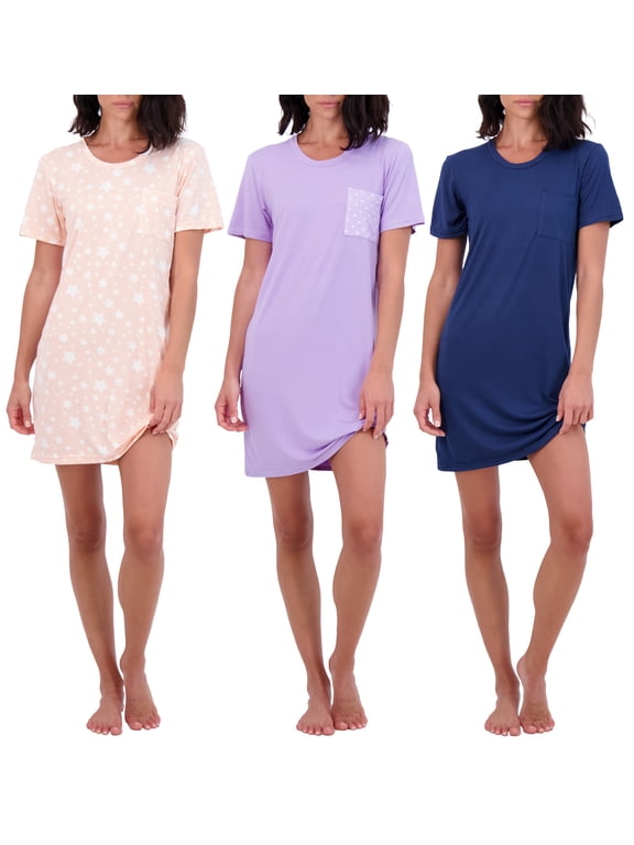 3 Pack: Women's Nightshirt Short Sleeve Soft Nightgown Sleep Dress With Pocket (Available In Plus Size)