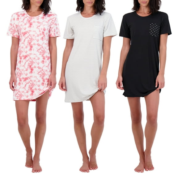 Real Essentials 3 Pack: Women's Nightshirt Short Sleeve Soft Nightgown Sleep Dress With Pocket (Available In Plus Size)