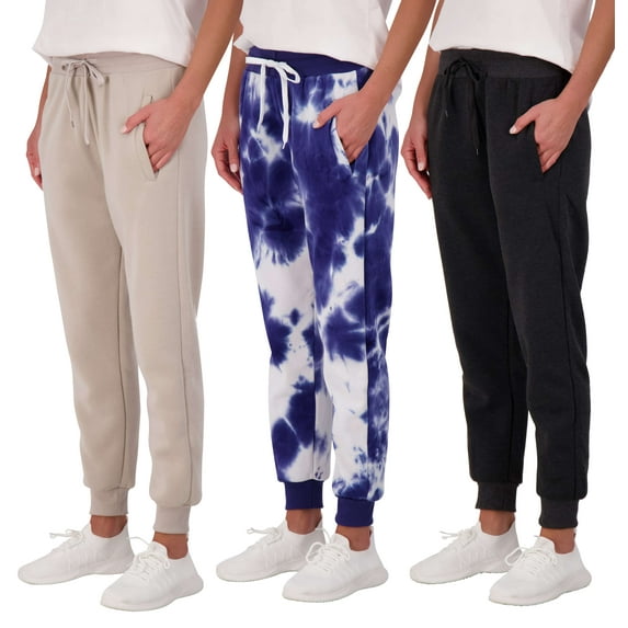 Real Essentials 3 Pack: Women's Ultra-Soft & Warm Fleece Joggers Sweatpants with Pocket (Available in Plus Size)