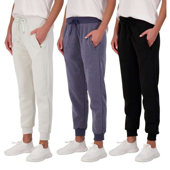 Real Essentials 3 Pack: Women's Ultra-Soft & Warm Fleece Joggers Sweatpants with Pocket (Available in Plus Size)