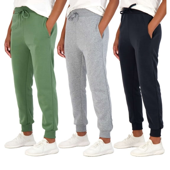 Real Essentials 3 Pack: Women's Ultra-Soft & Warm Fleece Joggers Sweatpants with Pocket (Available in Plus Size)