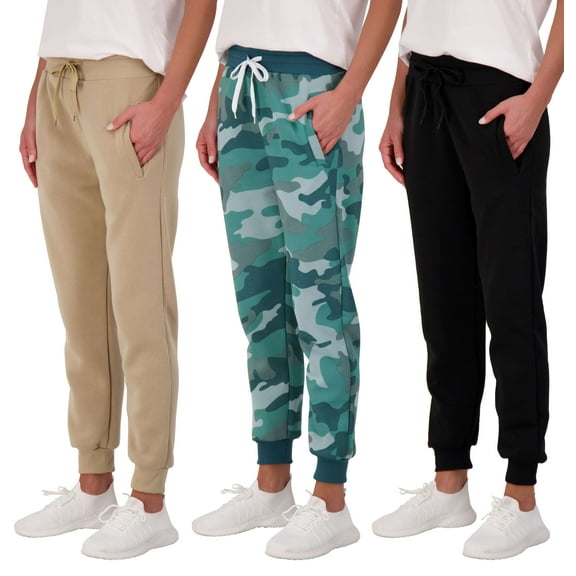 Real Essentials 3 Pack: Women's Ultra-Soft & Warm Fleece Joggers Sweatpants with Pocket (Available in Plus Size)