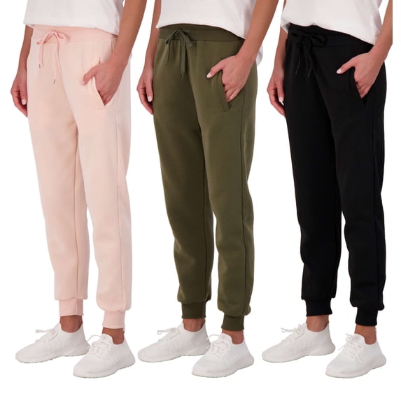 Real Essentials 3 Pack: Women's Ultra-Soft & Warm Fleece Joggers Sweatpants with Pocket (Available in Plus Size)