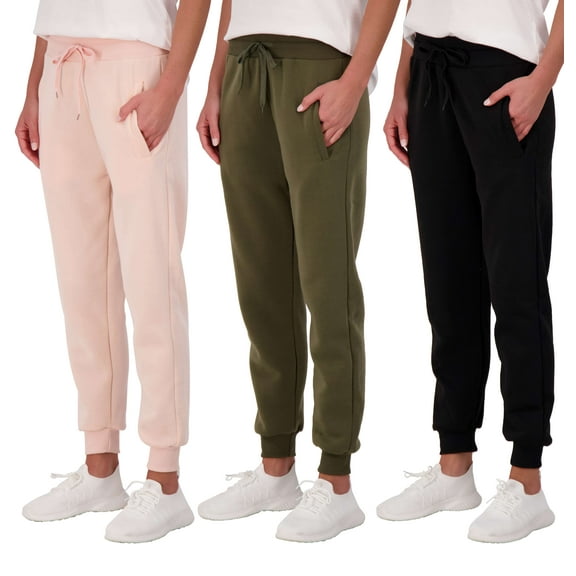 Real Essentials 3 Pack: Women's Ultra-Soft & Warm Fleece Joggers Sweatpants with Pocket (Available in Plus Size)