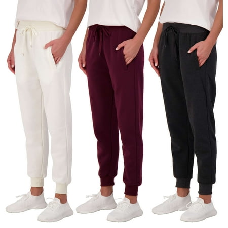 Real Essentials 3 Pack: Women's Ultra-Soft & Warm Fleece Joggers Sweatpants with Pocket (Available in Plus Size)