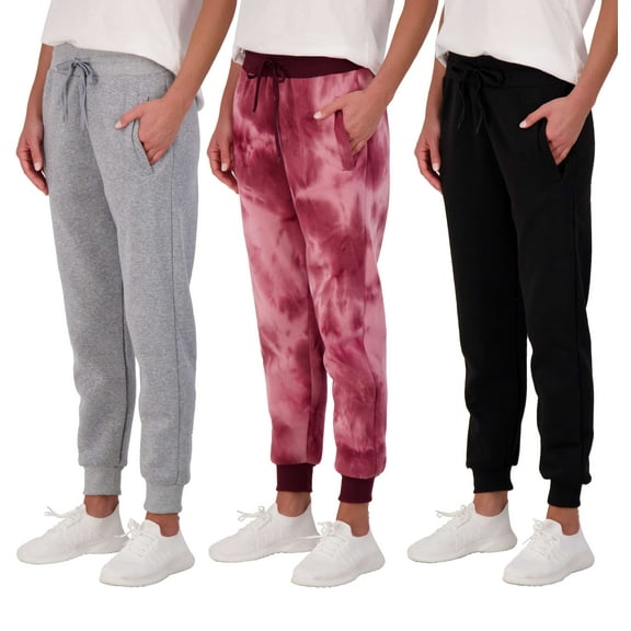 Real Essentials 3 Pack: Women's Ultra-Soft & Warm Fleece Joggers Sweatpants with Pocket (Available in Plus Size)