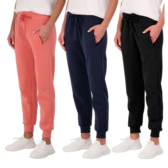 Real Essentials 3 Pack: Women's Ultra-Soft & Warm Fleece Joggers Sweatpants with Pocket (Available in Plus Size)