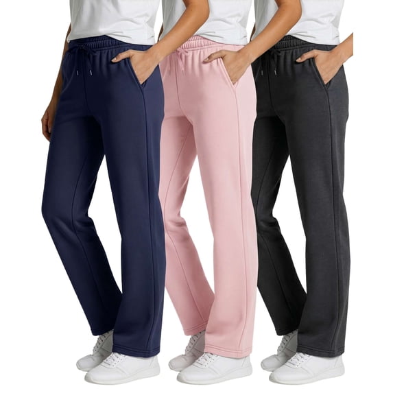 Real Essentials 3 Pack: Women's Relaxed Fit Fleece Open Bottom Sweatpants - Casual Athleisure (Available In Plus)