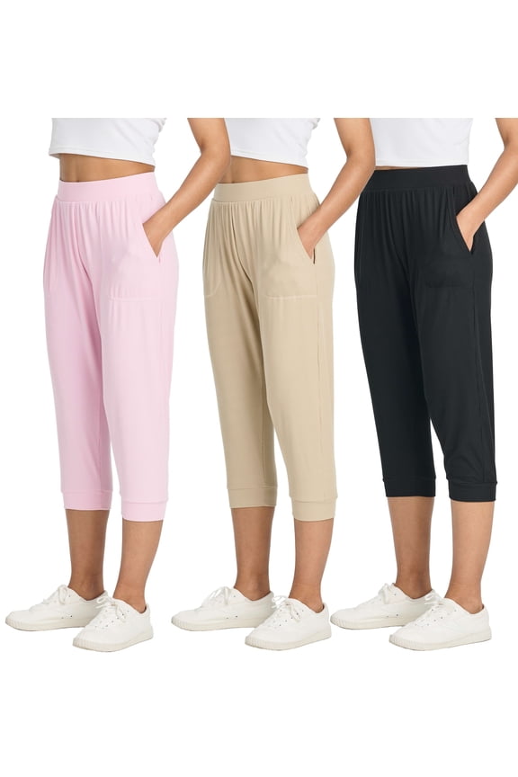 3 Pack: Women's Ribbed Capri Jogger Lounge Sweatpants with Pockets Yoga Workout (Available In Plus Size)