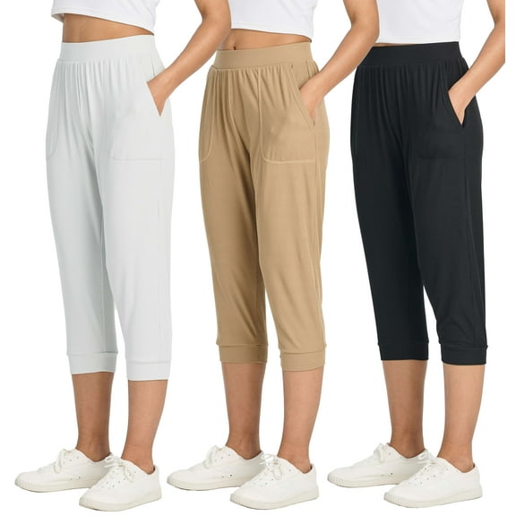 Real Essentials 3 Pack: Women's Ribbed Capri Jogger Lounge Sweatpants with Pockets Yoga Workout (Available In Plus Size)