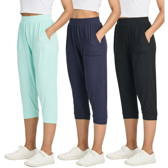 Real Essentials 3 Pack: Women's Ribbed Capri Jogger Lounge Sweatpants with Pockets Yoga Workout (Available In Plus Size)
