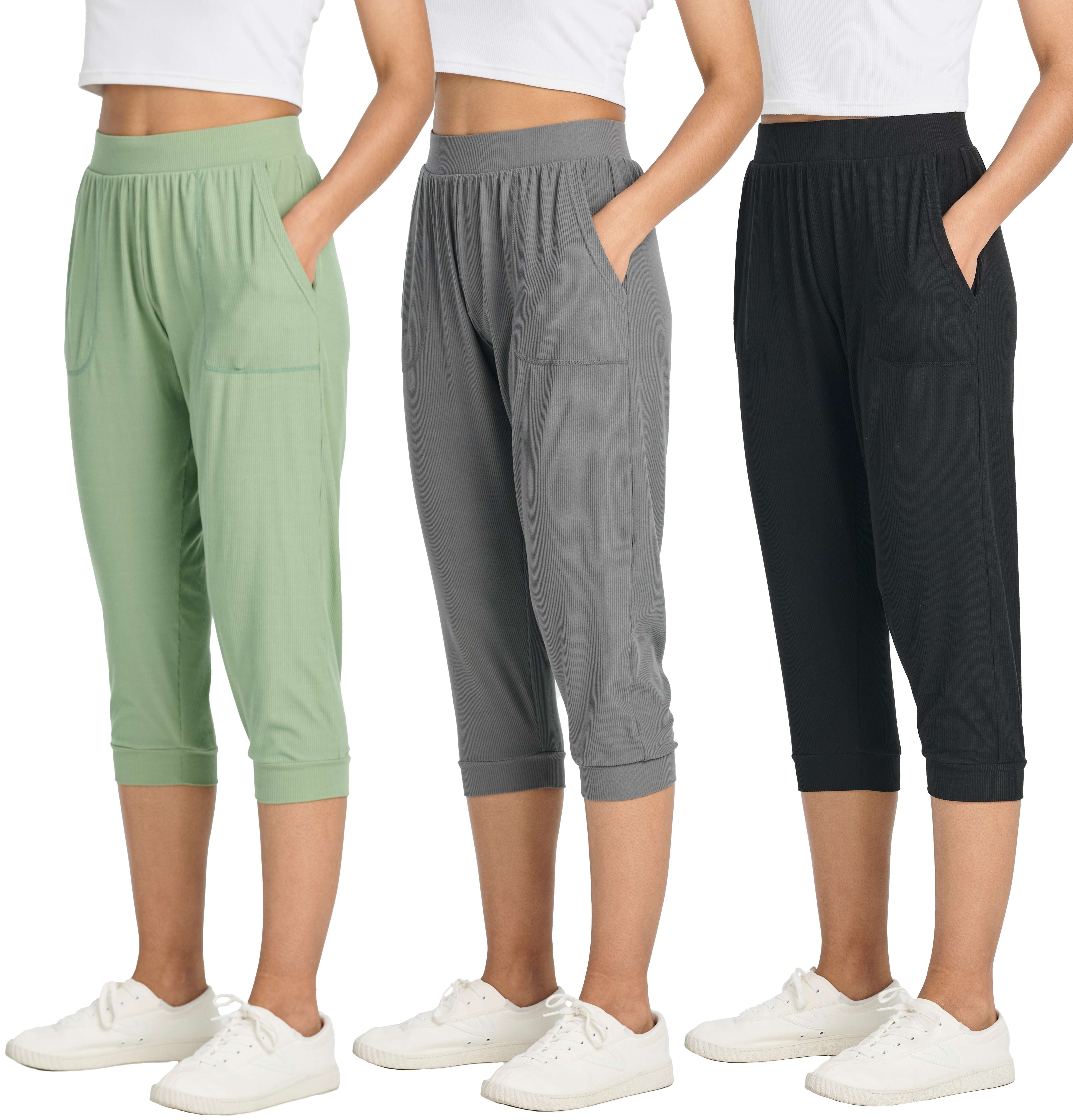Real Essentials 3 Pack Women s Ribbed Capri Jogger Lounge Sweatpants with Pockets Yoga Workout Available In Plus Size