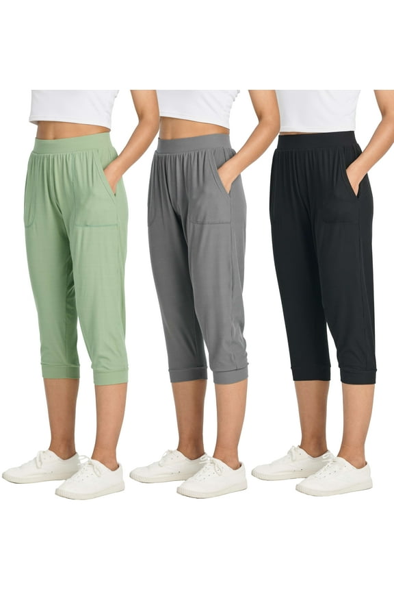 3 Pack: Women's Ribbed Capri Jogger Lounge Sweatpants with Pockets Yoga Workout (Available In Plus Size)