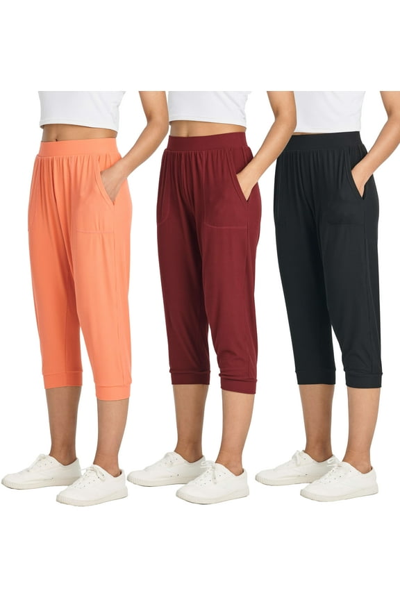 3 Pack: Women's Ribbed Capri Jogger Lounge Sweatpants with Pockets Yoga Workout (Available In Plus Size)