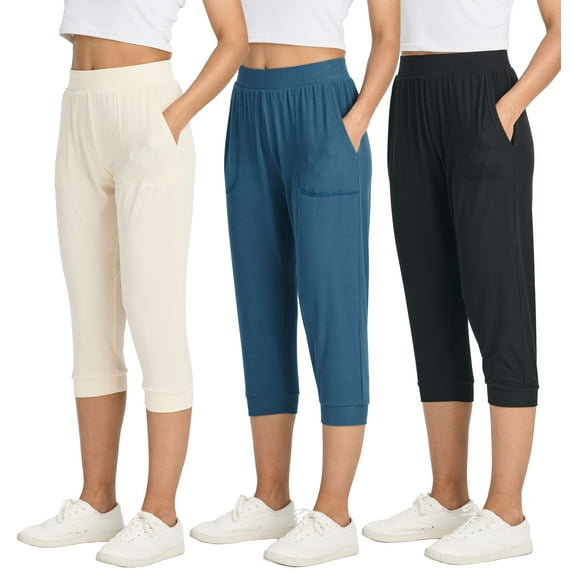 Real Essentials 3 Pack: Women's Ribbed Capri Jogger Lounge Sweatpants with Pockets Yoga Workout (Available In Plus Size)