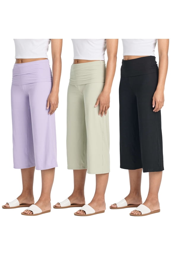 3 Pack: Women's Ribbed Foldover Wide Leg Loose Capri Open Bottom Yoga Lounge Pants (Available in Plus)