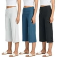 thumbnail image 1 of Real Essentials 3 Pack: Women's Ribbed Foldover Wide Leg Loose Capri Open Bottom Yoga Lounge Pants (Available in Plus), 1 of 5