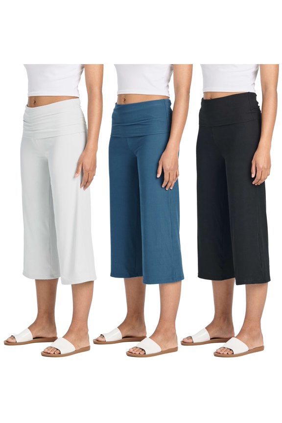 3 Pack: Women's Ribbed Foldover Wide Leg Loose Capri Open Bottom Yoga Lounge Pants (Available in Plus)
