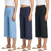 Real Essentials 3 Pack: Women's Ribbed Foldover Wide Leg Loose Capri Open Bottom Yoga Lounge Pants (Available in Plus)