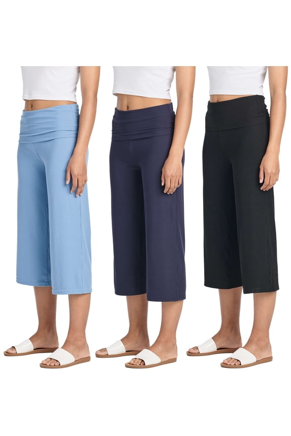3 Pack: Women's Ribbed Foldover Wide Leg Loose Capri Open Bottom Yoga Lounge Pants (Available in Plus)