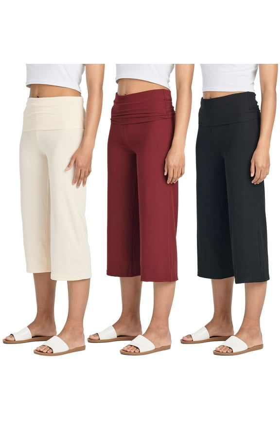 3 Pack: Women's Ribbed Foldover Wide Leg Loose Capri Open Bottom Yoga Lounge Pants (Available in Plus)