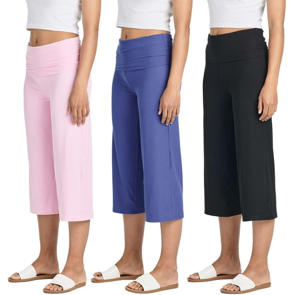 Real Essentials 3 Pack: Women's Ribbed Foldover Wide Leg Loose Capri Open Bottom Yoga Lounge Pants (Available in Plus)