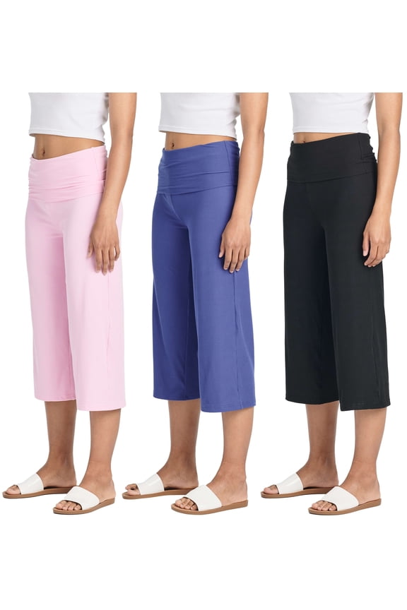 3 Pack: Women's Ribbed Foldover Wide Leg Loose Capri Open Bottom Yoga Lounge Pants (Available in Plus)
