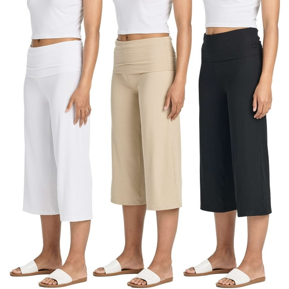 Real Essentials 3 Pack: Women's Ribbed Foldover Wide Leg Loose Capri Open Bottom Yoga Lounge Pants (Available in Plus)