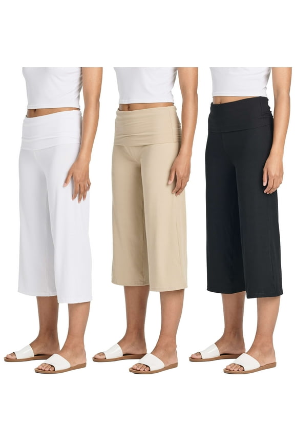 3 Pack: Women's Ribbed Foldover Wide Leg Loose Capri Open Bottom Yoga Lounge Pants (Available in Plus)