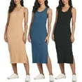 thumbnail image 1 of Real Essentials 3 Pack: Women's Ribbed Knit Sleeveless Crew Neck Tank Casual Midi Shift Dress with Slit, 1 of 6