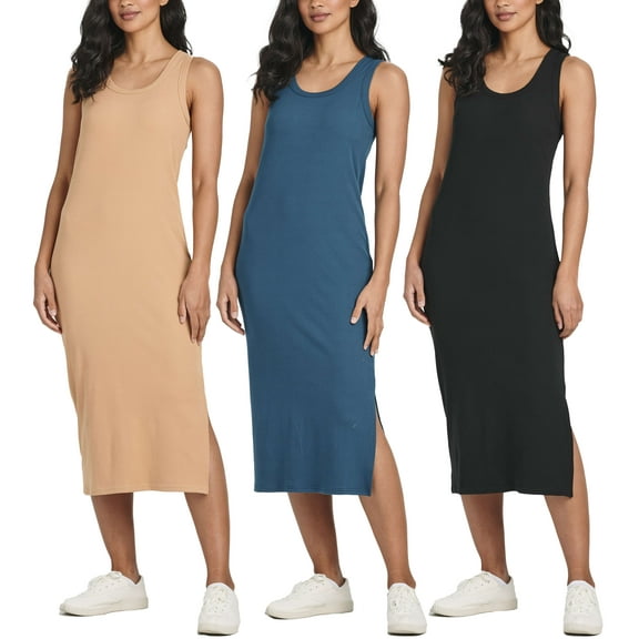 Real Essentials 3 Pack: Women's Ribbed Knit Sleeveless Crew Neck Tank Casual Midi Shift Dress with Slit