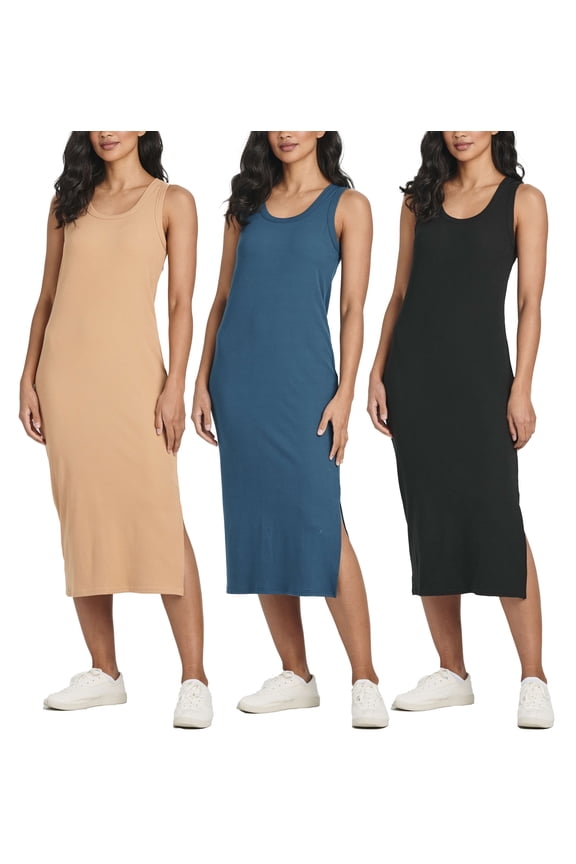 3 Pack: Women's Ribbed Knit Sleeveless Crew Neck Tank Casual Midi Shift Dress with Slit