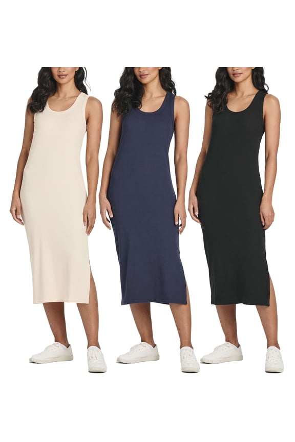 3 Pack: Women's Ribbed Knit Sleeveless Crew Neck Tank Casual Midi Shift Dress with Slit