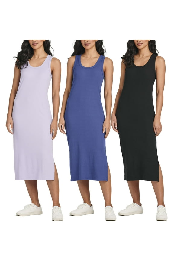 3 Pack: Women's Ribbed Knit Sleeveless Crew Neck Tank Casual Midi Shift Dress with Slit