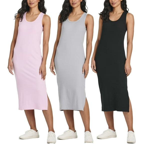 Real Essentials 3 Pack: Women's Ribbed Knit Sleeveless Crew Neck Tank Casual Midi Shift Dress with Slit