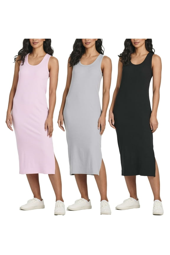 3 Pack: Women's Ribbed Knit Sleeveless Crew Neck Tank Casual Midi Shift Dress with Slit