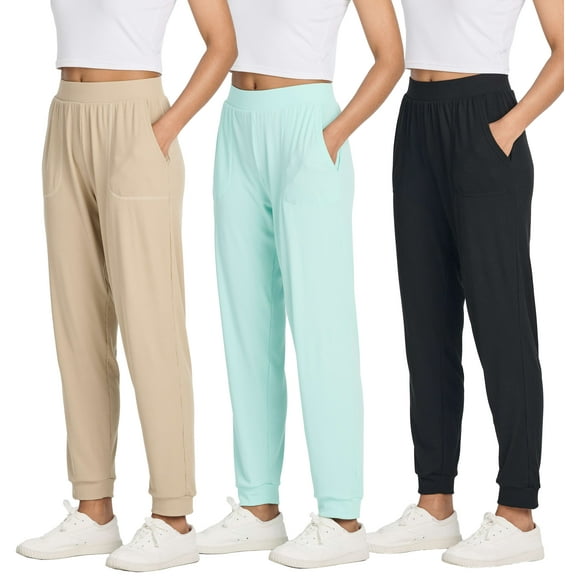 Real Essentials 3 Pack: Women's Ribbed Lounge Jogger Cuffed Yoga Sweatpants with Drawstring & Pockets (Available in Plus)