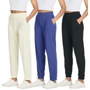 Real Essentials 3 Pack: Women's Ribbed Lounge Jogger Cuffed Yoga Sweatpants with Drawstring & Pockets (Available in Plus)