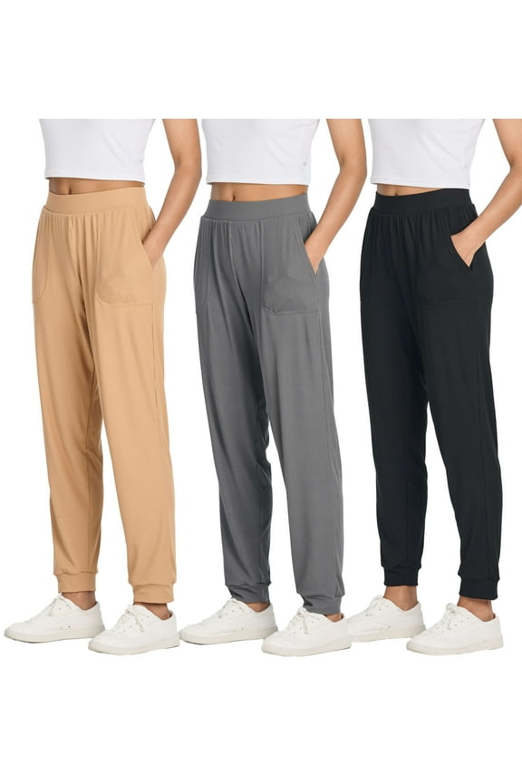 3 Pack: Women's Ribbed Lounge Jogger Cuffed Yoga Sweatpants with Drawstring & Pockets (Available in Plus)