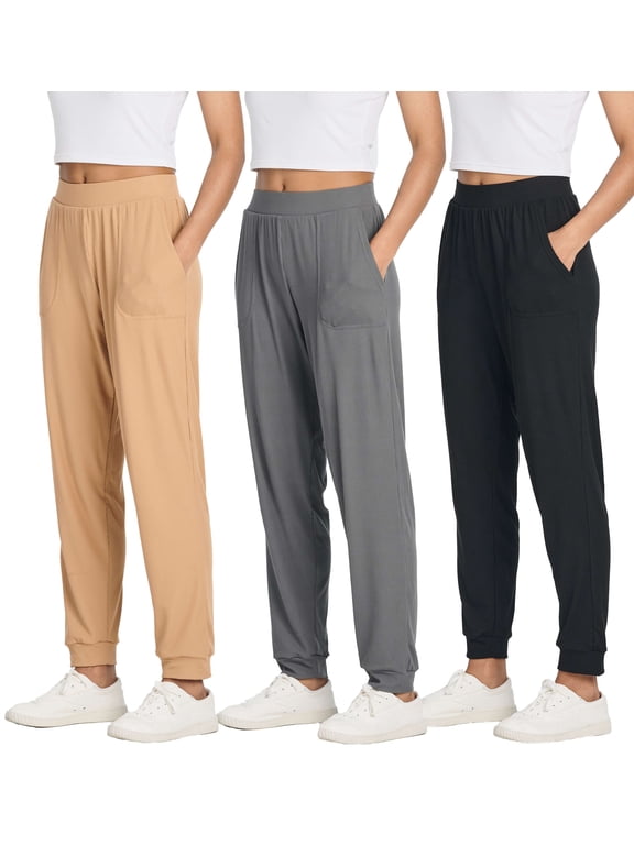 3 Pack: Women's Ribbed Lounge Jogger Cuffed Yoga Sweatpants with Drawstring & Pockets (Available in Plus)