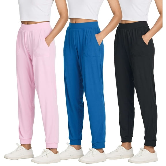 Real Essentials 3 Pack: Women's Ribbed Lounge Jogger Cuffed Yoga Sweatpants with Drawstring & Pockets (Available in Plus)