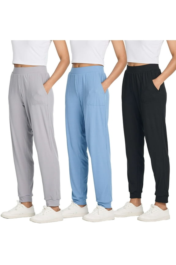 3 Pack: Women's Ribbed Lounge Jogger Cuffed Yoga Sweatpants with Drawstring & Pockets (Available in Plus)