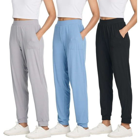 Real Essentials 3 Pack: Women's Ribbed Lounge Jogger Cuffed Yoga Sweatpants with Drawstring & Pockets (Available in Plus)